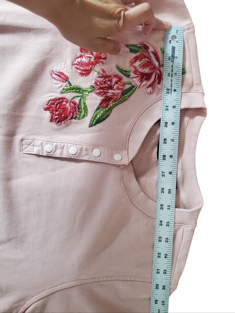 Floral Embroidered Pink Short-Sleeve Henley Top Twirly Tulips Crystal Rose - Picture 11 of 13